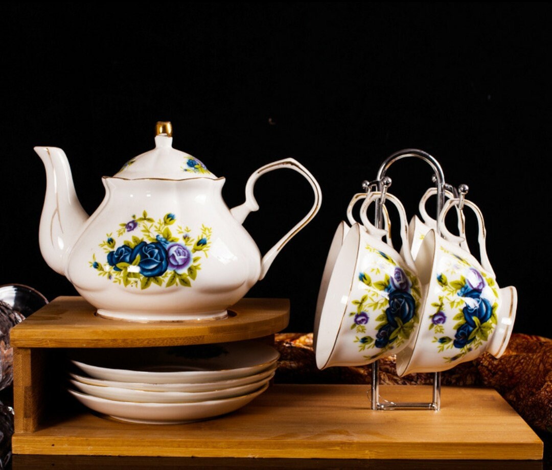 Blue Roses Porcelain Tea Set (24k gold)With Metal Rack/Coffee Pot/Gift Box
