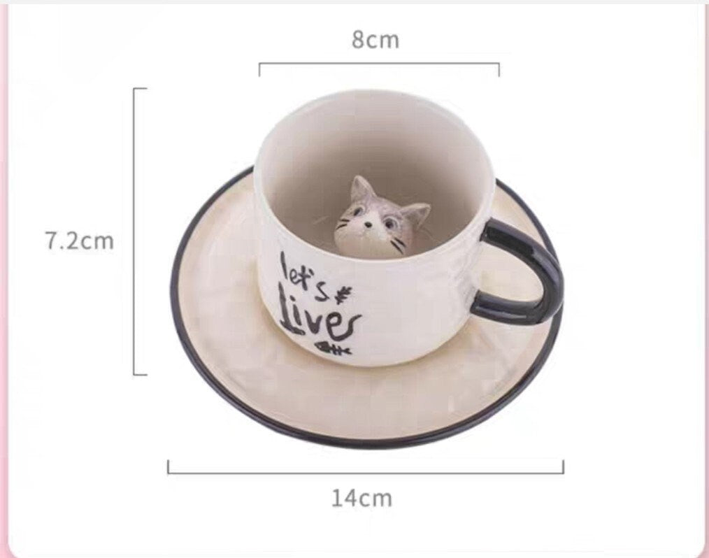 Ceramic Cute Cat Pattern Cup with Saucers/Kitty Coffee Mugs/Best Gift for Cat Tea Coffee Lovers