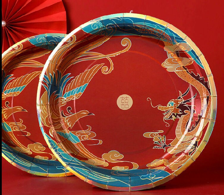 9'' Oriental Wedding Dragon And Phoenix Paper Plates/24 pcs