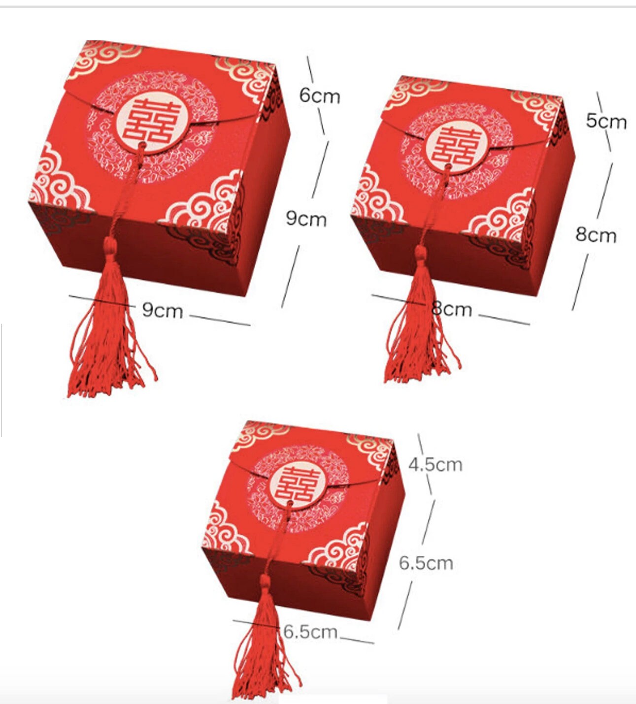 10pcs Double Happiness Traditional Red Wedding Favor Boxes with Tassel(S/M/L size)