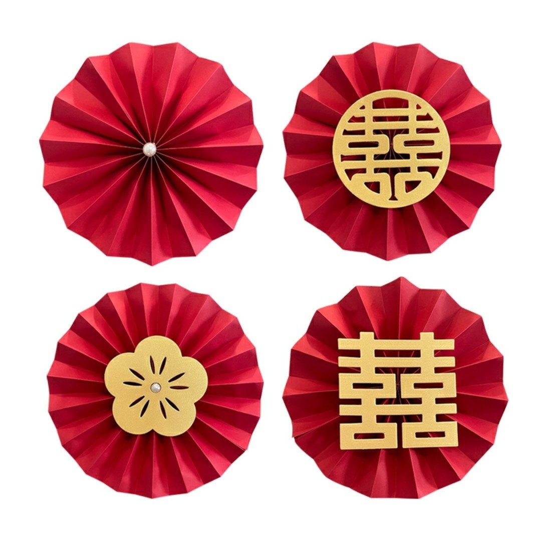 Red Double Happiness Paper Pinwheel Traditional Wedding Wall Decoration/A set of 6/Plain or Double Happiness With Different Pattern