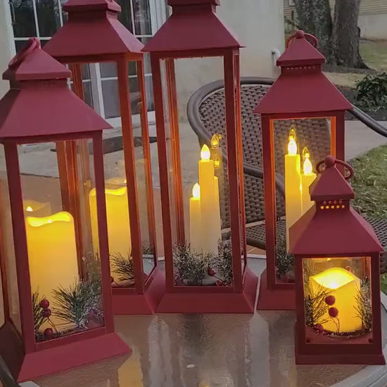 Red Lantern with One or three -Pillars Flickering LED Candle
