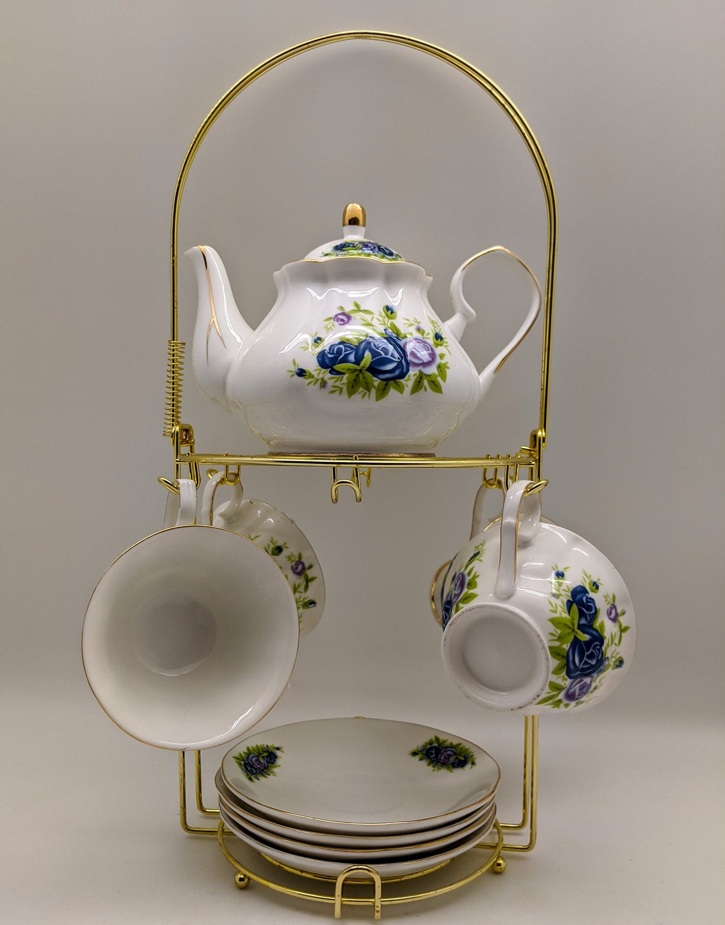 Blue Roses Porcelain Tea Set (24k gold)With Metal Rack/Coffee Pot/Gift Box