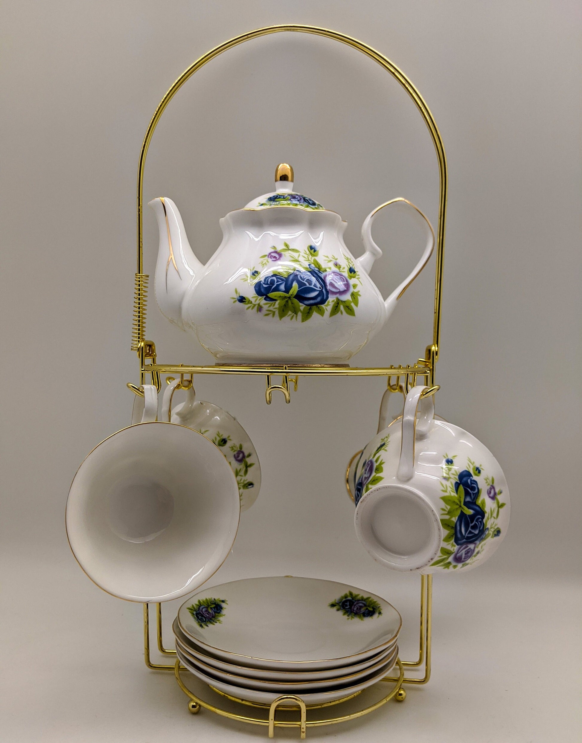 Blue Roses Porcelain Tea Set (24k gold)With Metal Rack/Coffee Pot/Gift Box