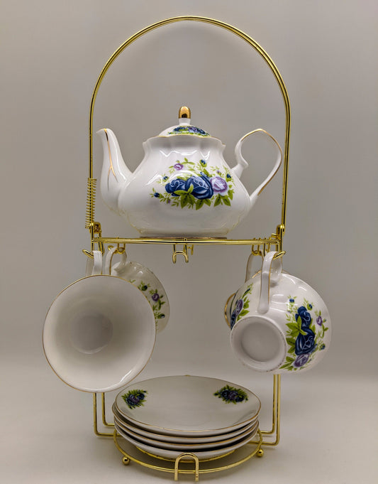 Blue Roses Porcelain Tea Set (24k gold)With Metal Rack/Coffee Pot/Gift Box