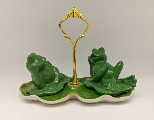 Porcelain Frog Salt & Pepper Shakers With Stand