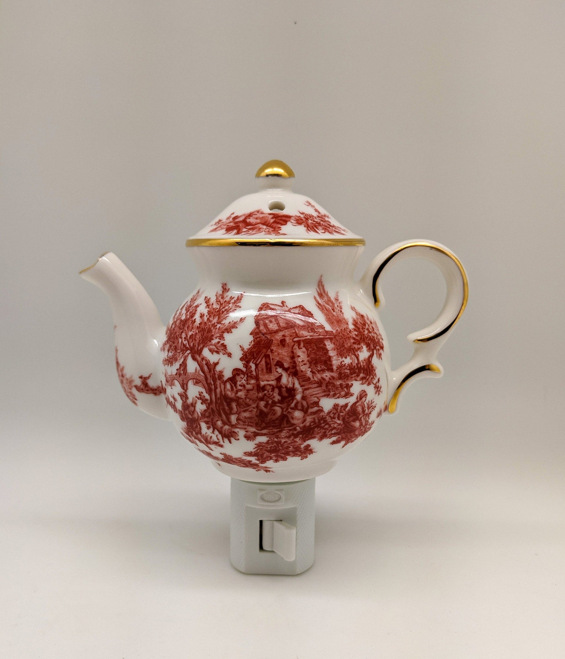 English Toile Teapot Nightlight (Maroon/Blue/Black)