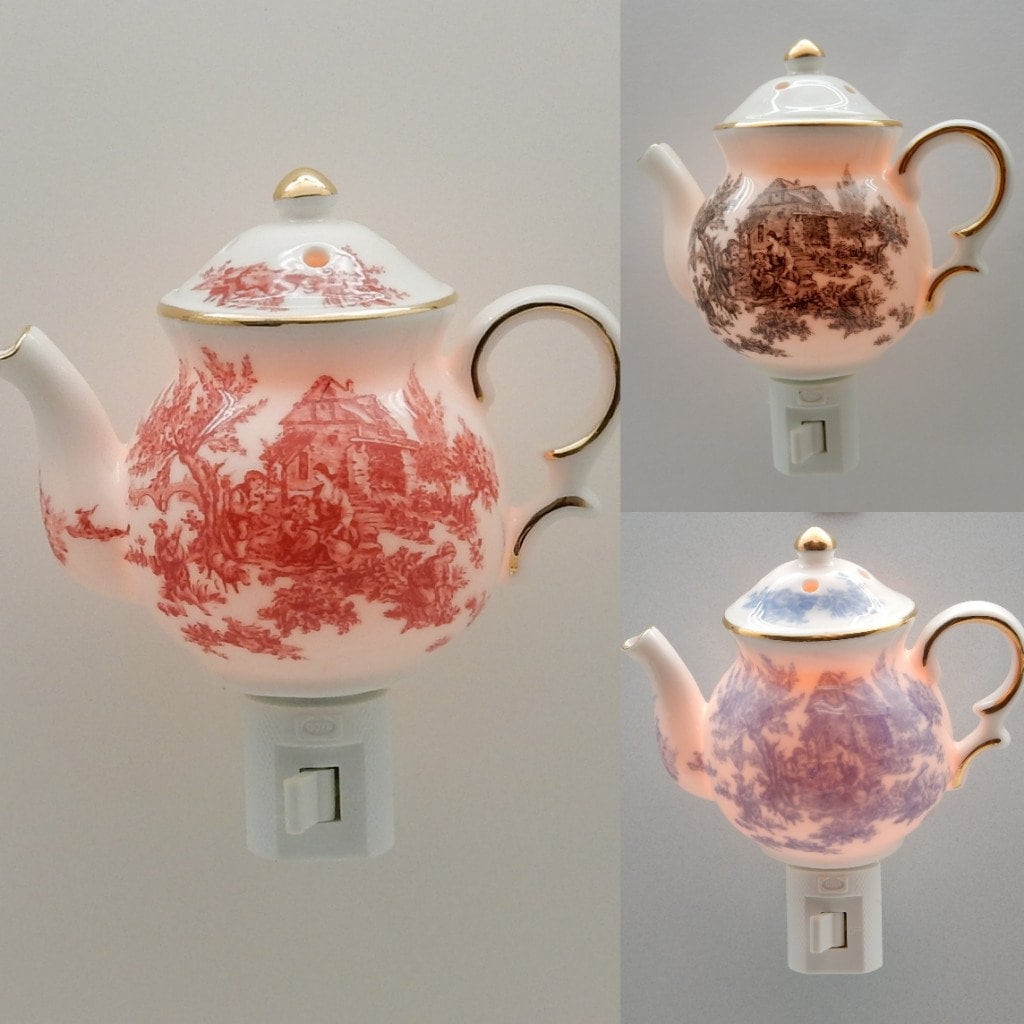 English Toile Teapot Nightlight (Maroon/Blue/Black)