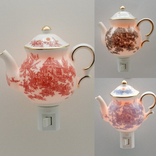 English Toile Teapot Nightlight (Maroon/Blue/Black)