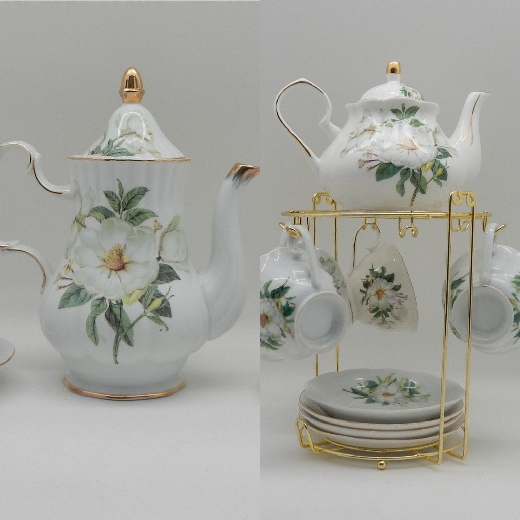 Vintage Magnolia Porcelain Tea Set (24k Gold Gilded)With A Metal Rack