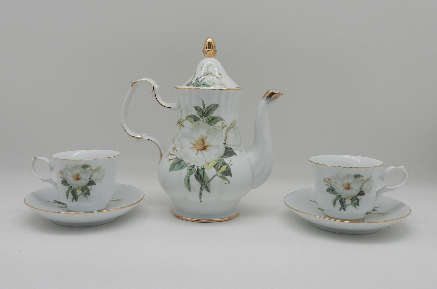 Vintage Magnolia Porcelain Tea Set (24k Gold Gilded)With A Metal Rack