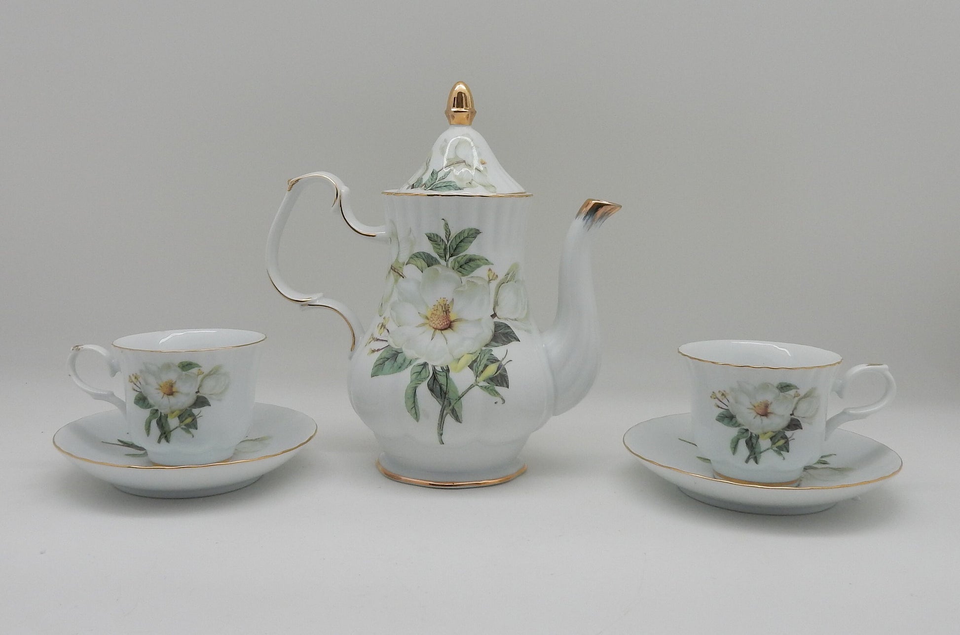 Vintage Magnolia Porcelain Tea Set (24k Gold Gilded)With A Metal Rack