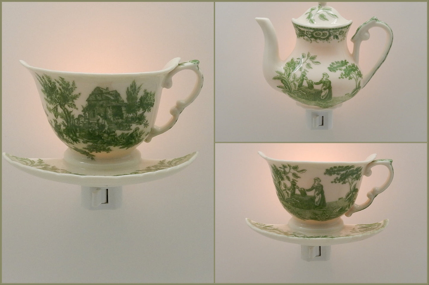 English Toile Teapot/Teacup Nightlight (Green)