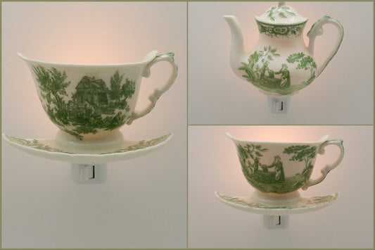 English Toile Teapot/Teacup Nightlight (Green)