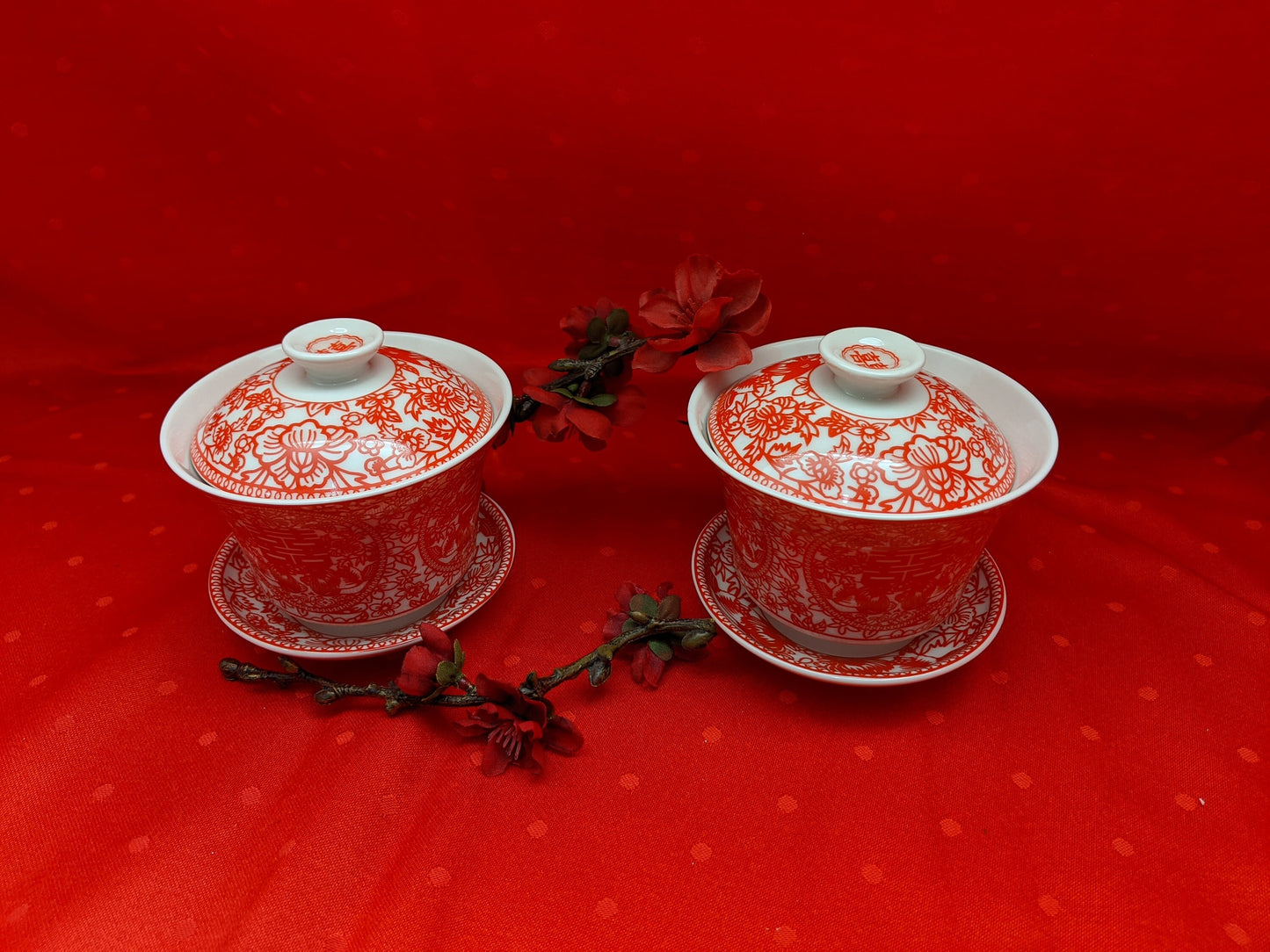 A set of 2/Double Happiness Covered Ceramic Tea Cups Gift Set Chinese wedding
