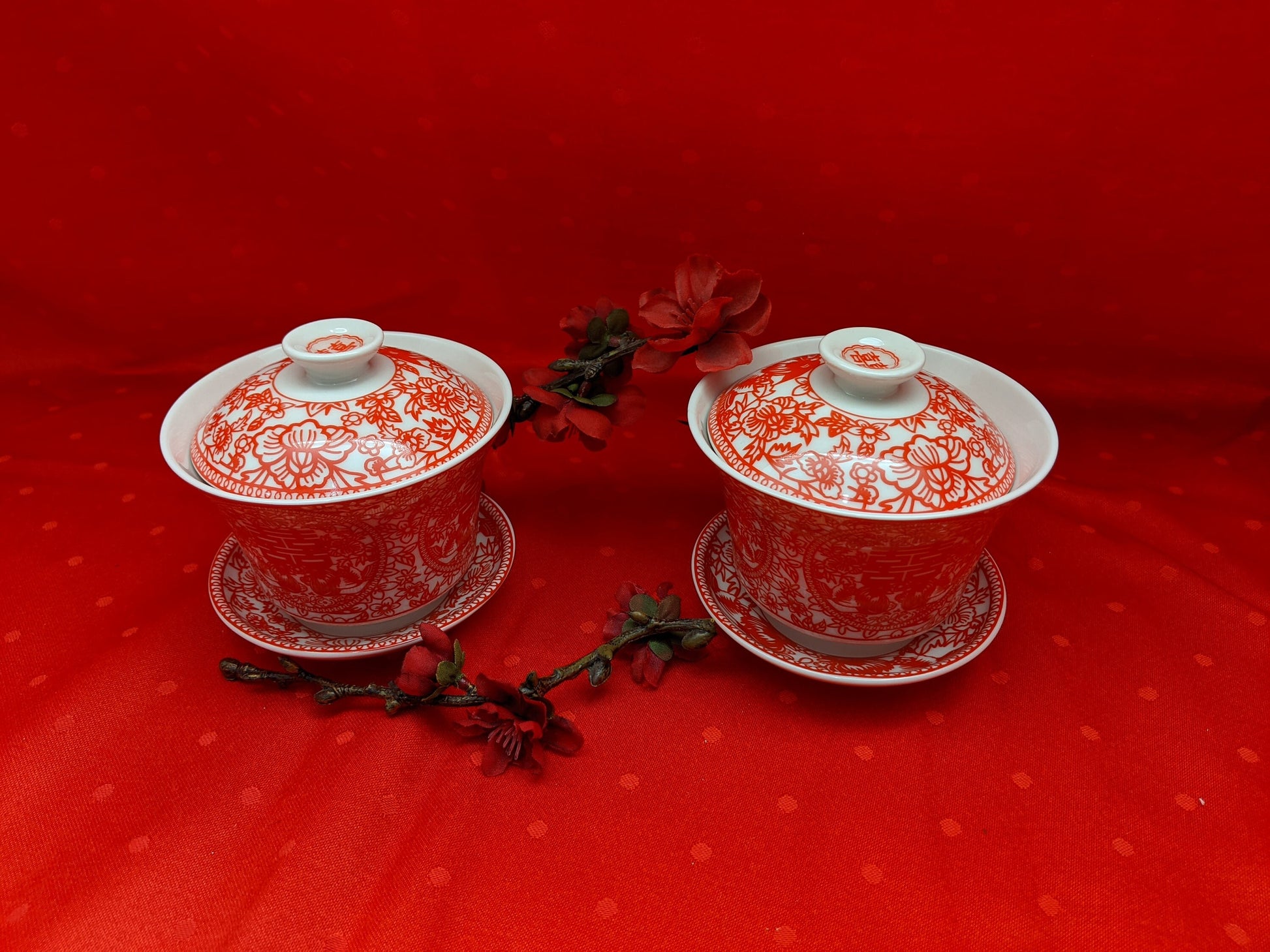 A set of 2/Double Happiness Covered Ceramic Tea Cups Gift Set Chinese wedding
