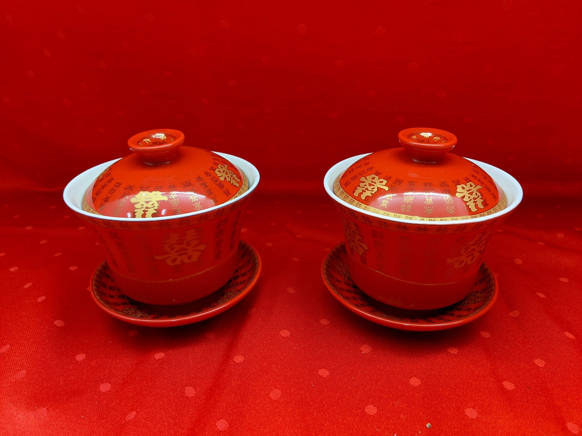A set of 2/Double Happiness Covered Ceramic Tea Cups Gift Set Chinese wedding