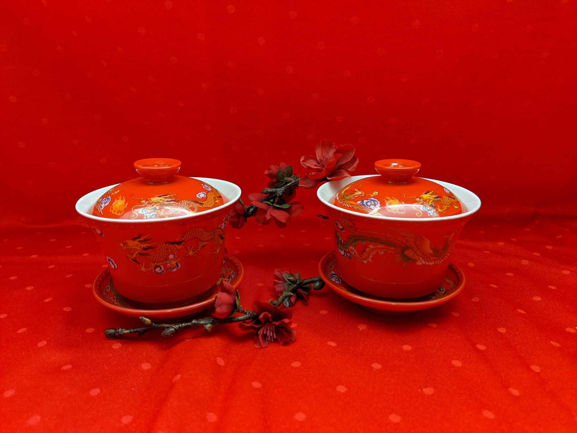 A set of 2/Double Happiness Covered Ceramic Tea Cups Gift Set Chinese wedding