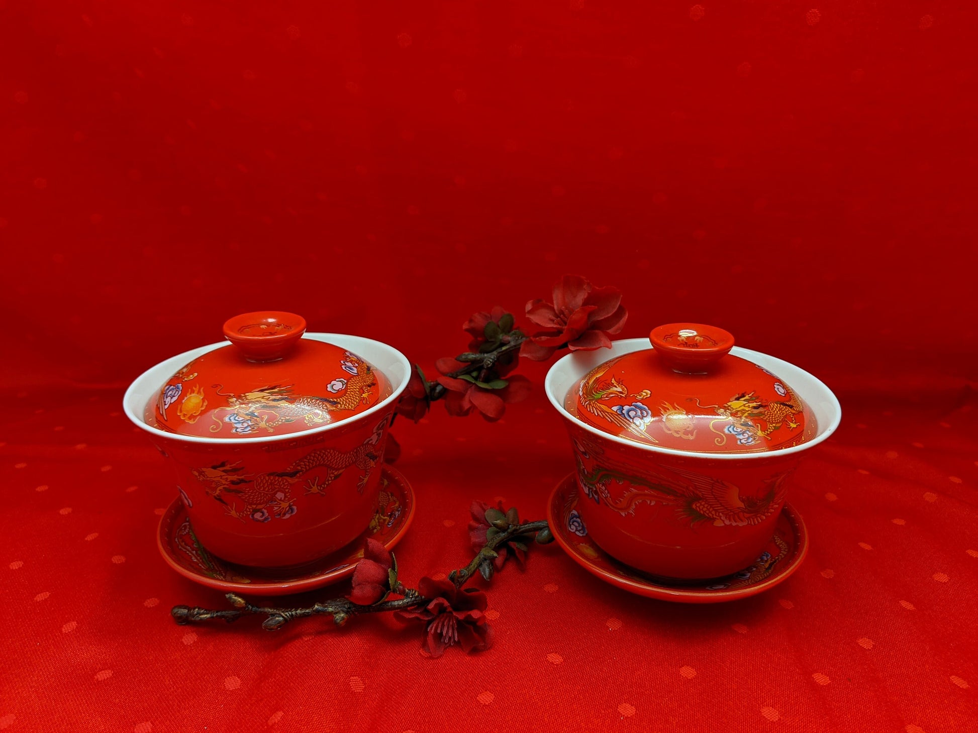 A set of 2/Double Happiness Covered Ceramic Tea Cups Gift Set Chinese wedding
