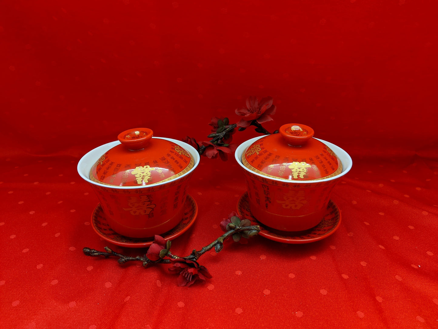 A set of 2/Double Happiness Covered Ceramic Tea Cups Gift Set Chinese wedding