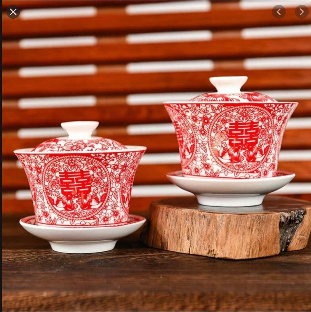A set of 2/Double Happiness Covered Ceramic Tea Cups Gift Set Chinese wedding