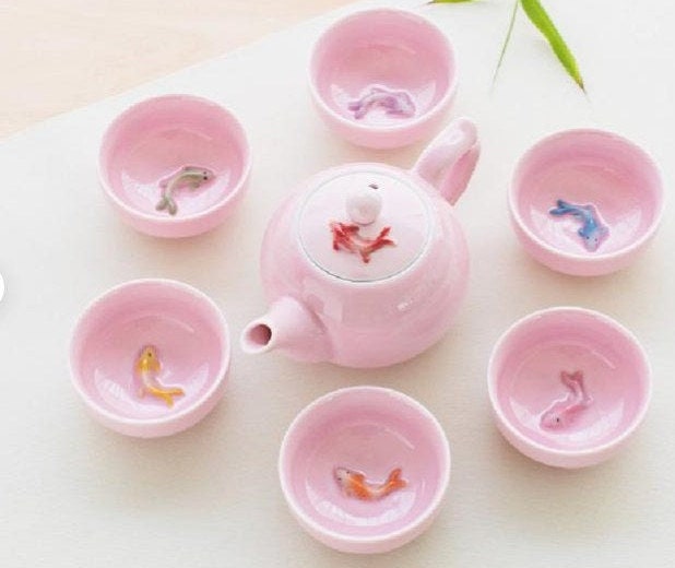 Oriental Koi Fish Design Pink Ceramic Tea Set