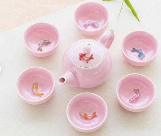 Oriental Koi Fish Design Pink Ceramic Tea Set