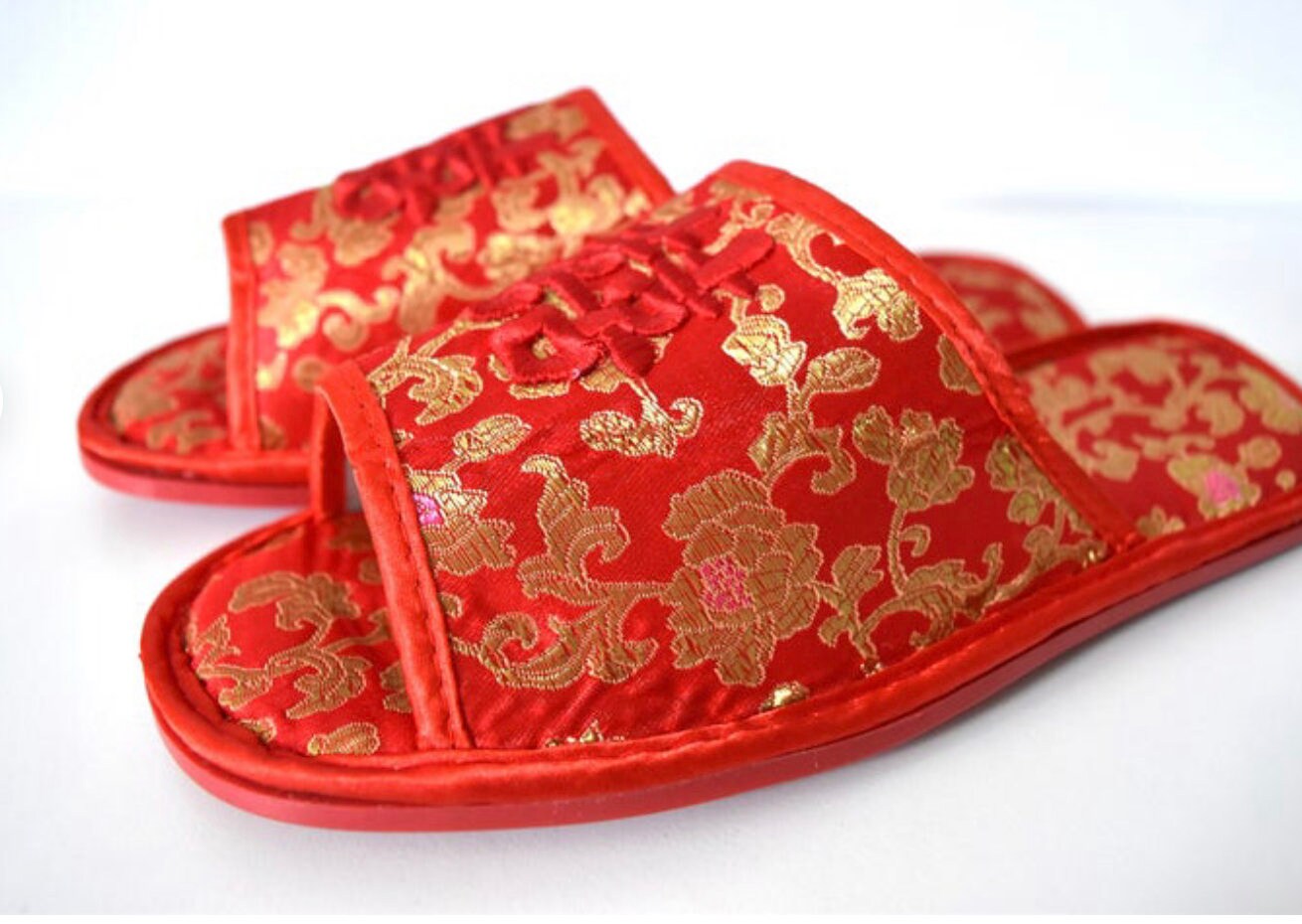 Red Satin Traditional Chinese Wedding Double Happiness Slippers For Bride And Groom/Bridesmaids/Groomsmen