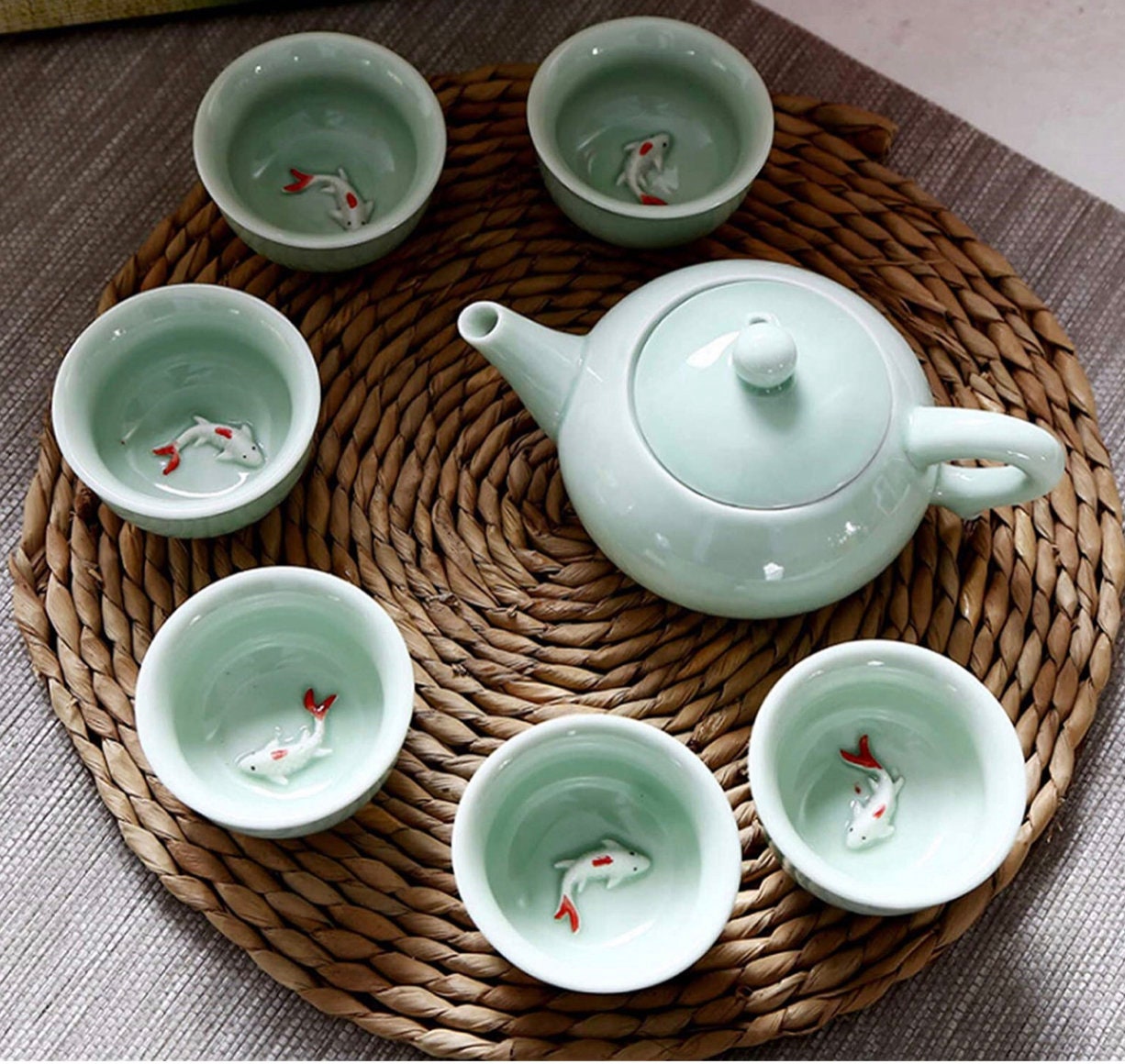 Oriental Koi Fish Design Green Ceramic Tea Set/Kungfu Tea/Tea Art