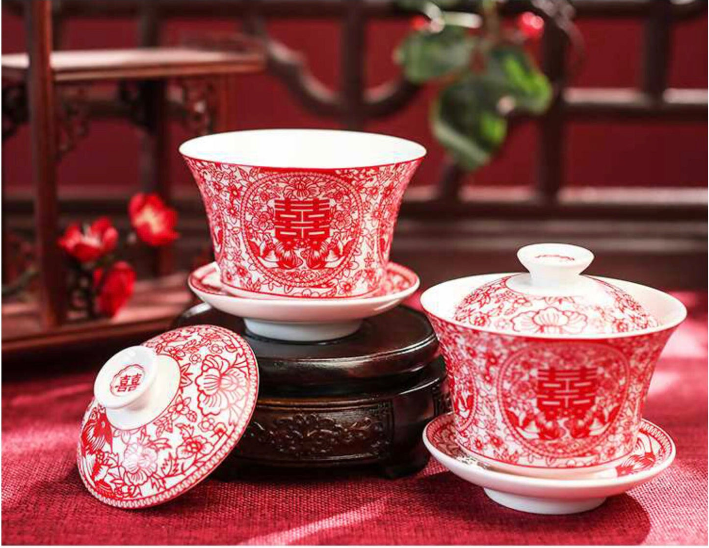 A set of 2/Double Happiness Covered Ceramic Tea Cups Gift Set Chinese wedding