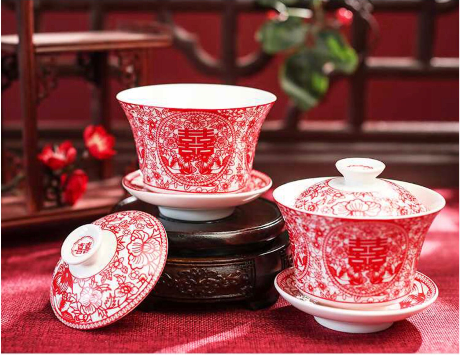 A set of 2/Double Happiness Covered Ceramic Tea Cups Gift Set Chinese wedding
