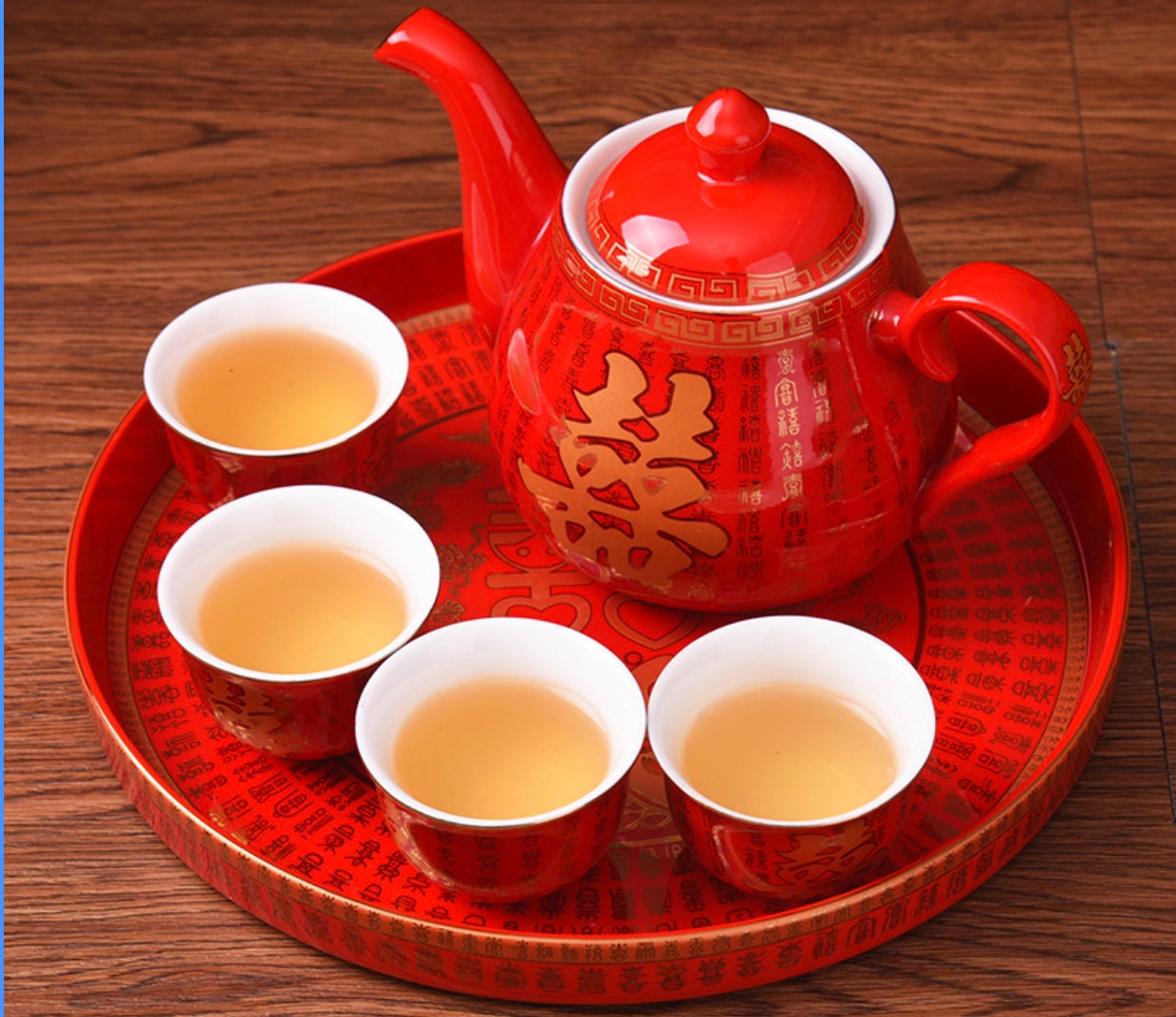Double Happiness Hundreds of Blessings Red Tea Set Chinese Wedding Tea Ceremony