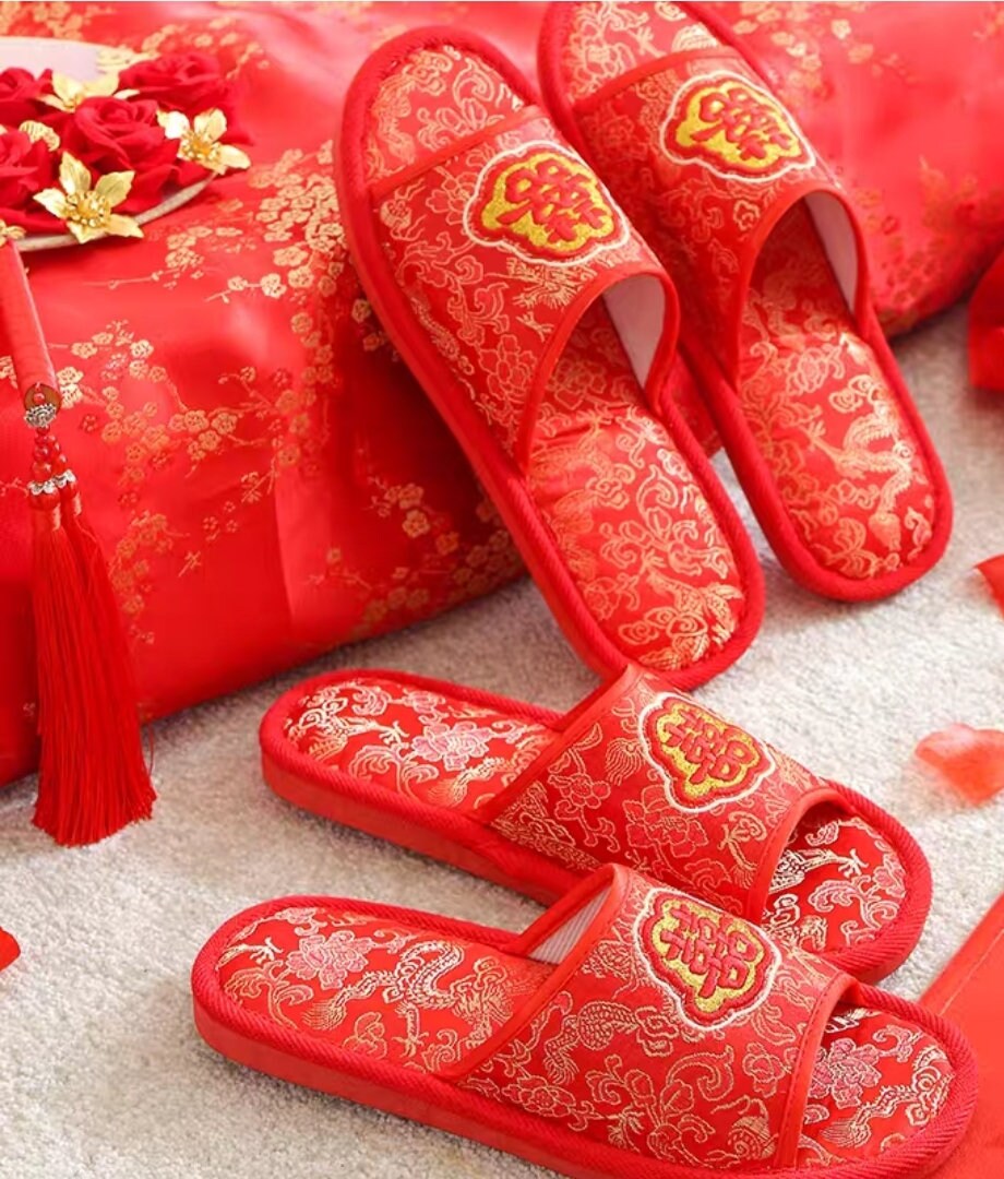 Red Satin Traditional Chinese Wedding Double Happiness Slippers For Bride And Groom/Bridesmaids/Groomsmen