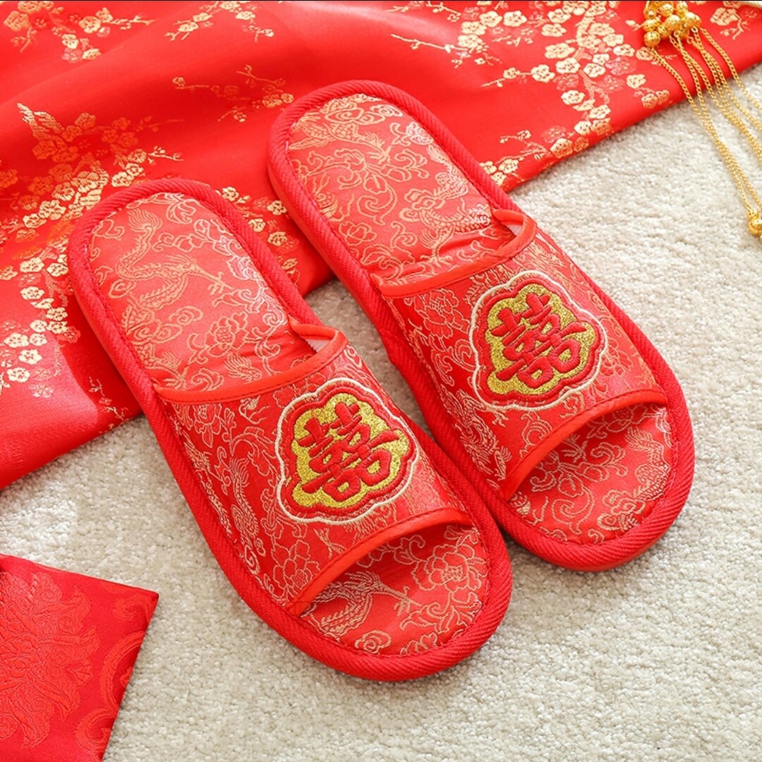 Red Satin Traditional Chinese Wedding Double Happiness Slippers For Bride And Groom/Bridesmaids/Groomsmen