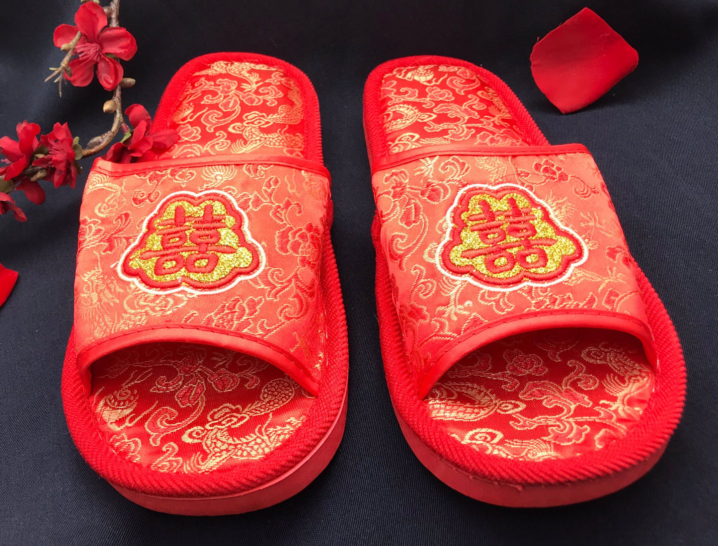 Red Satin Traditional Chinese Wedding Double Happiness Slippers For Bride And Groom/Bridesmaids/Groomsmen