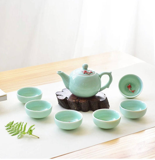 Oriental Koi Fish Design Green Ceramic Tea Set/Kungfu Tea/Tea Art