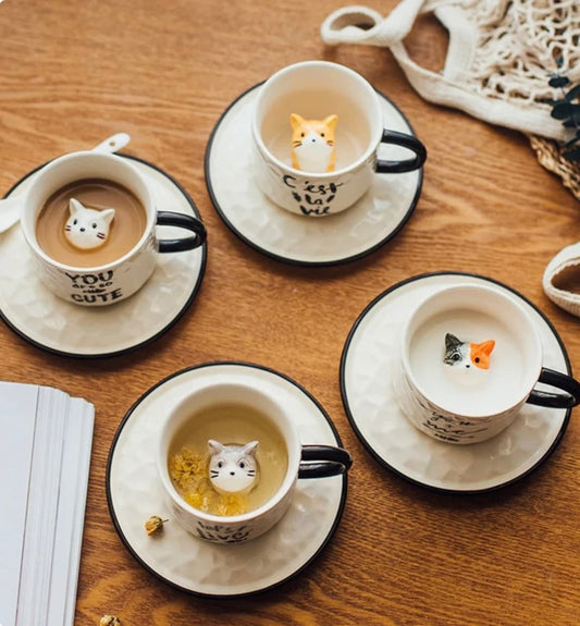 Ceramic Cute Cat Pattern Cup with Saucers/Kitty Coffee Mugs/Best Gift for Cat Tea Coffee Lovers