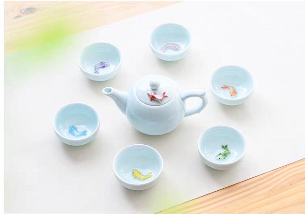 Oriental Koi Fish Design Light Blue Ceramic Tea Set