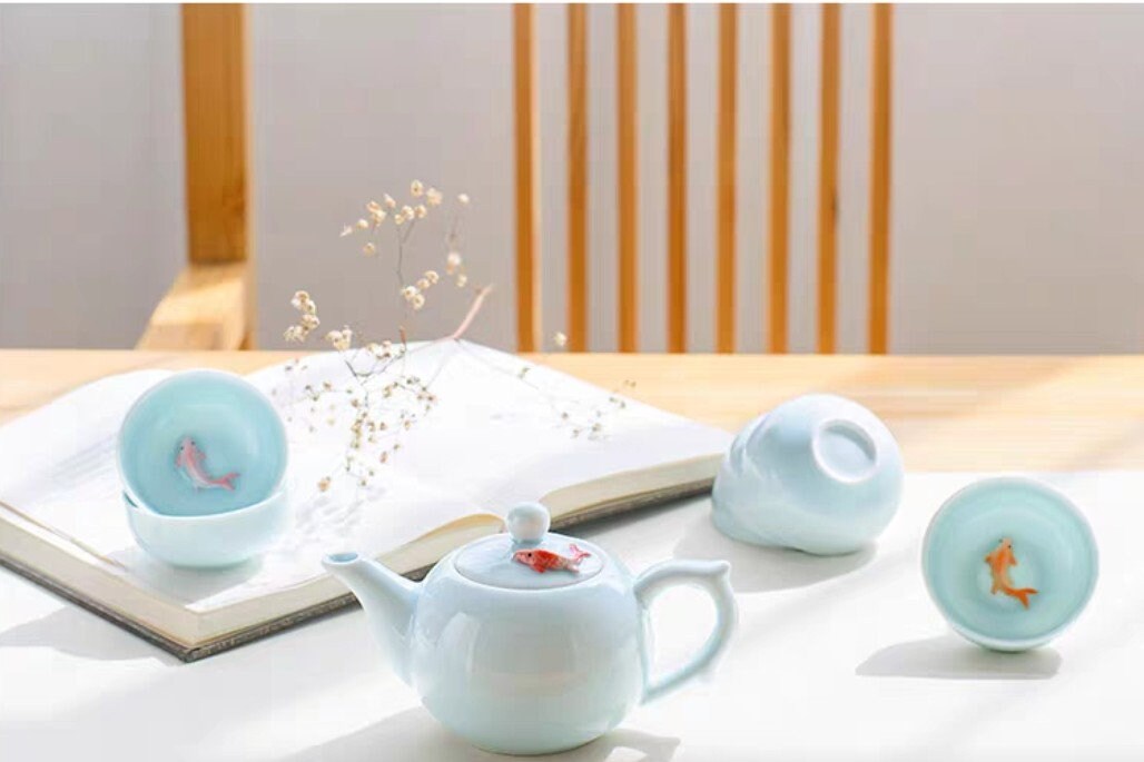 Oriental Koi Fish Design Light Blue Ceramic Tea Set