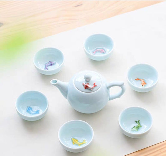 Oriental Koi Fish Design Light Blue Ceramic Tea Set