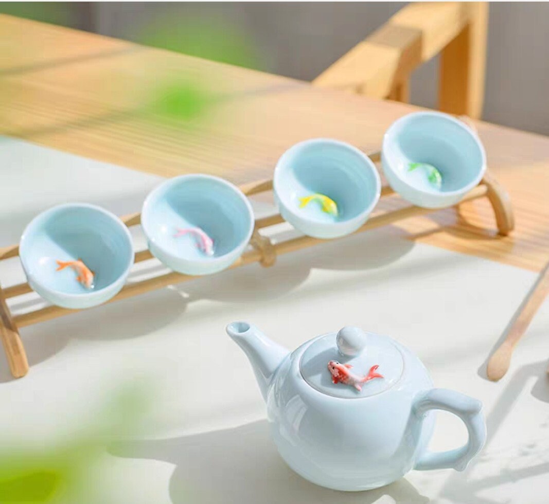 Oriental Koi Fish Design Light Blue Ceramic Tea Set