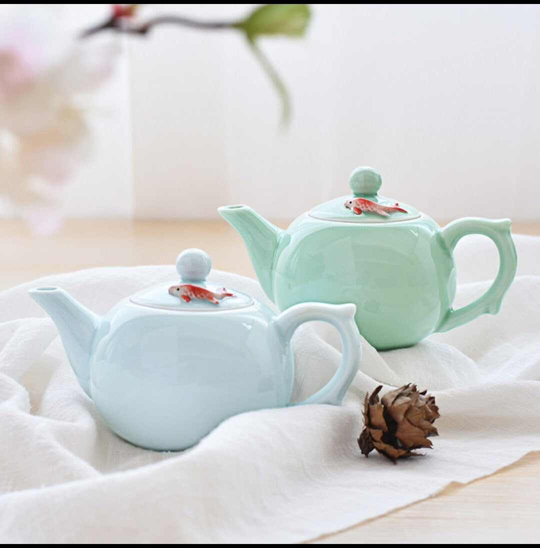Oriental Koi Fish Design Light Blue Ceramic Tea Set