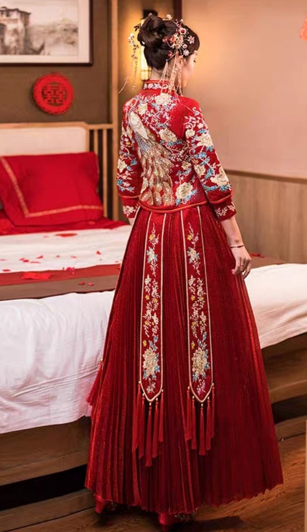 Chinese Traditional Bridal Wedding Dress/Peacock Pattern Wedding Dress/Qun Kwa/Tea Ceremony