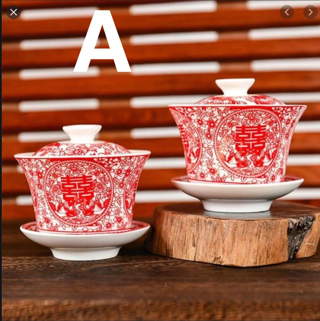 A set of 2/Double Happiness Covered Ceramic Tea Cups Gift Set Chinese wedding