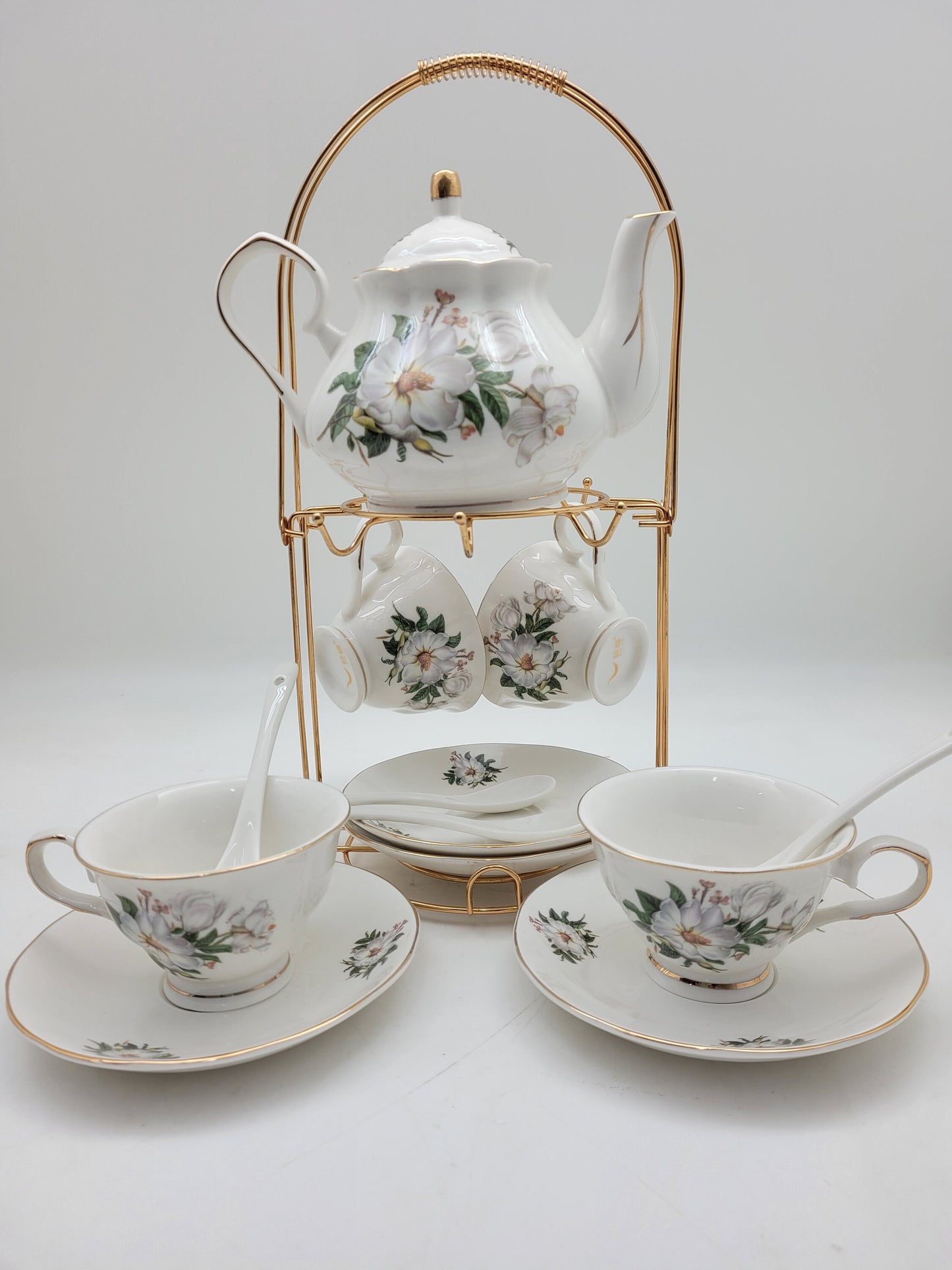 Vintage Magnolia Porcelain Tea Set (24k Gold Gilded)With A Metal Rack