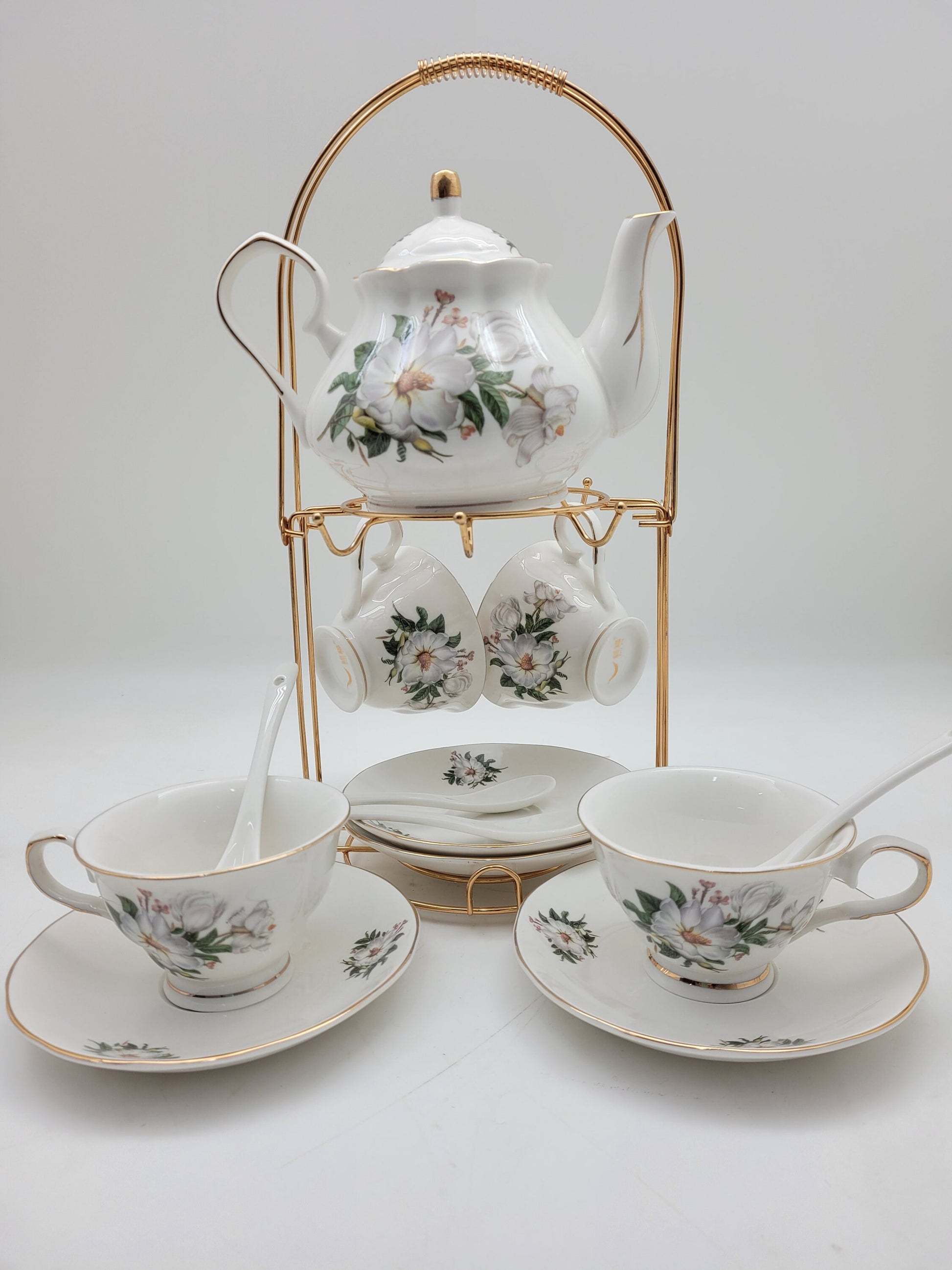 Vintage Magnolia Porcelain Tea Set (24k Gold Gilded)With A Metal Rack