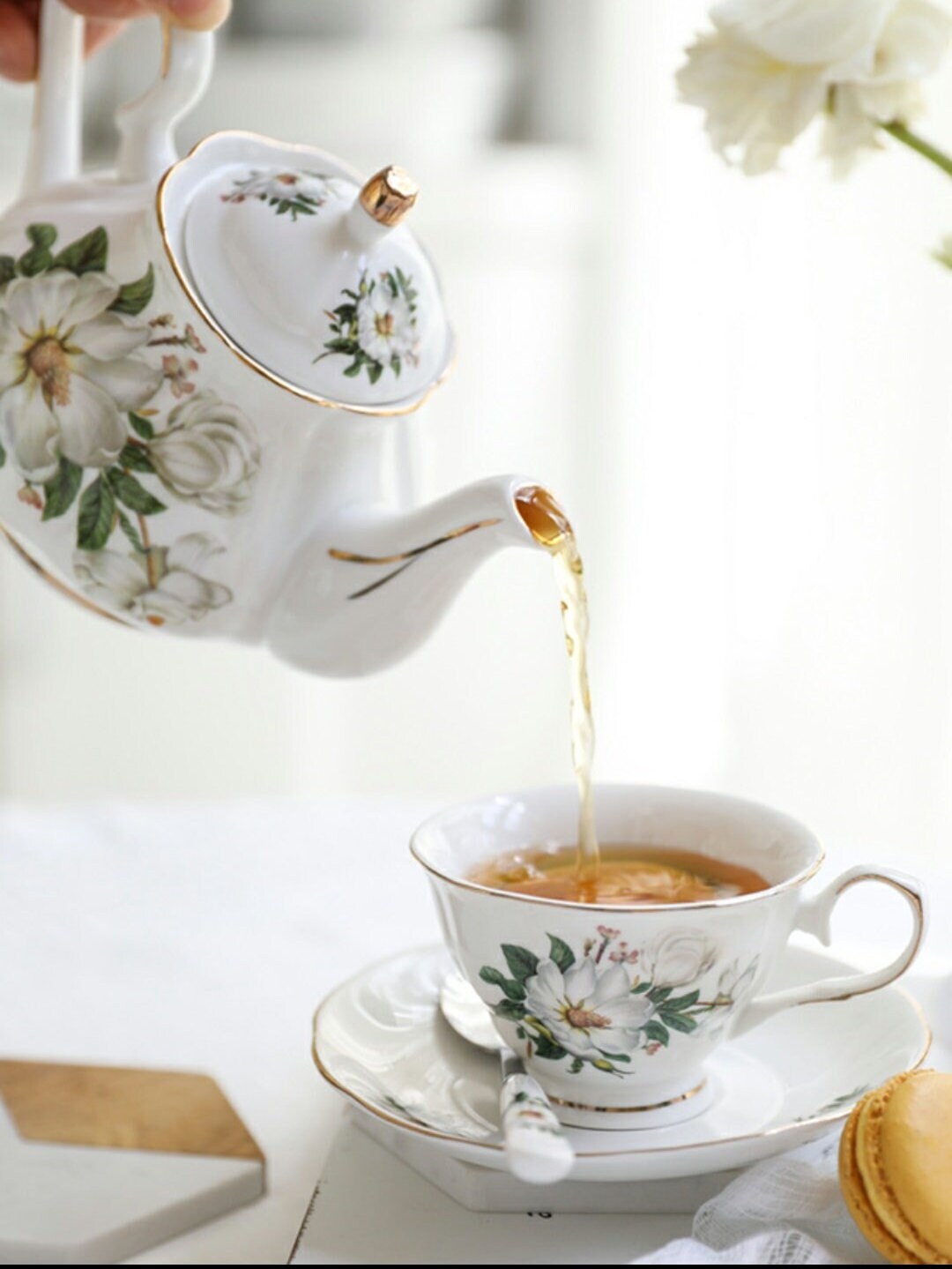 Vintage Magnolia Porcelain Tea Set (24k Gold Gilded)With A Metal Rack