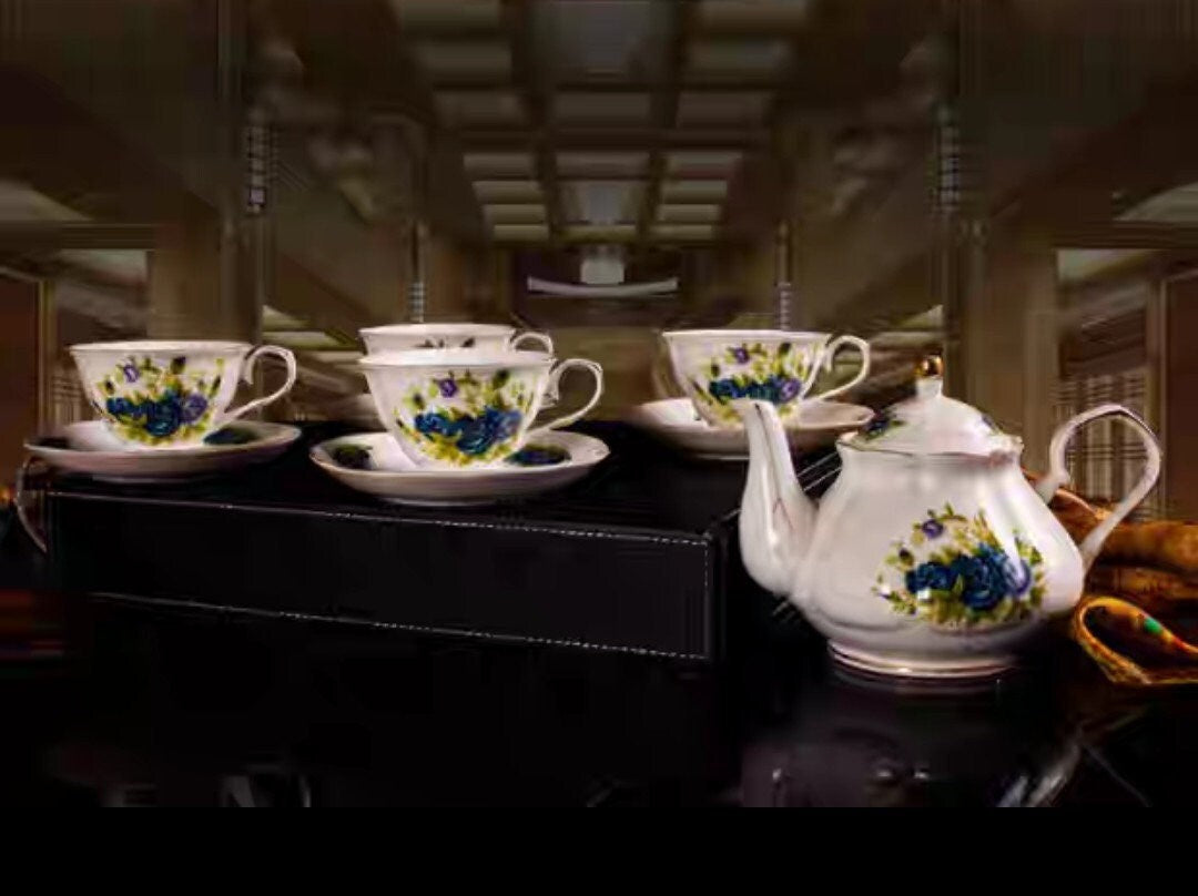 Blue Roses Porcelain Tea Set (24k gold)With Metal Rack/Coffee Pot/Gift Box
