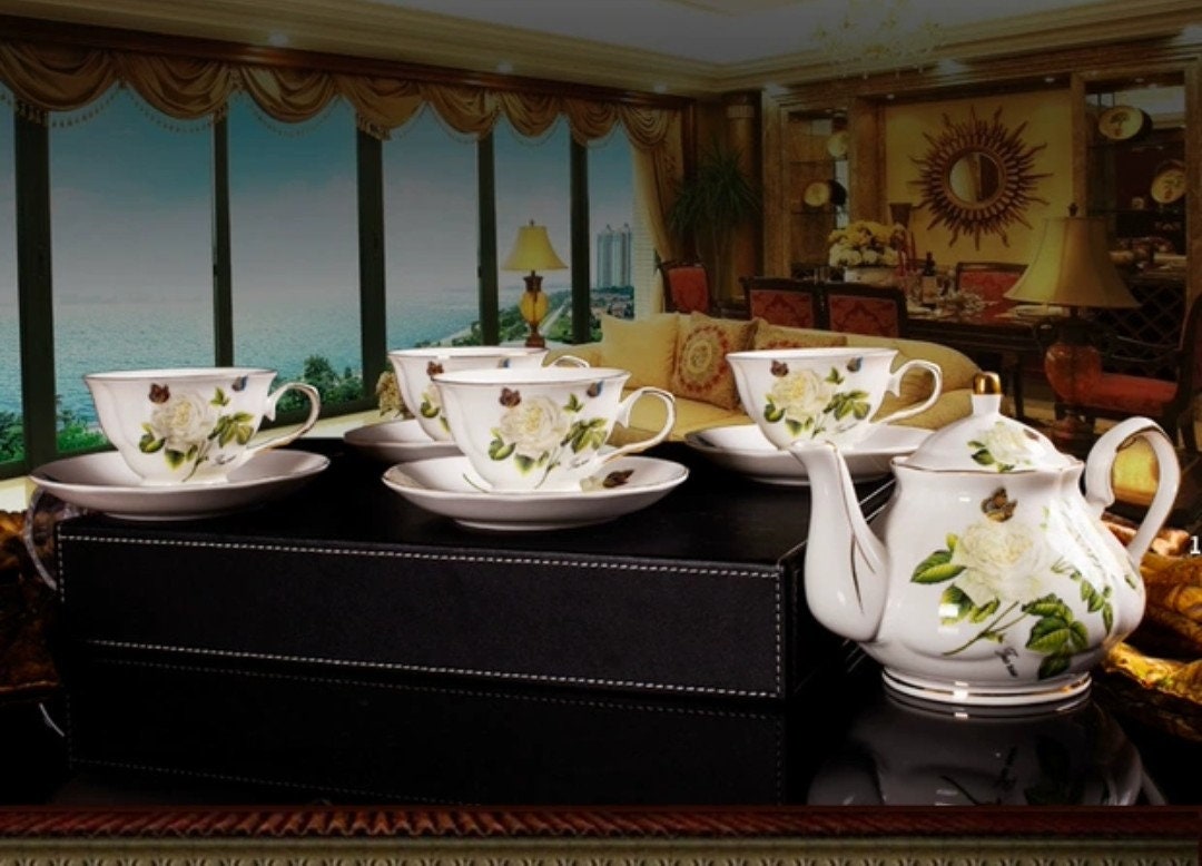 White Rose Tea Set(24K Gold) With A Metal Rack