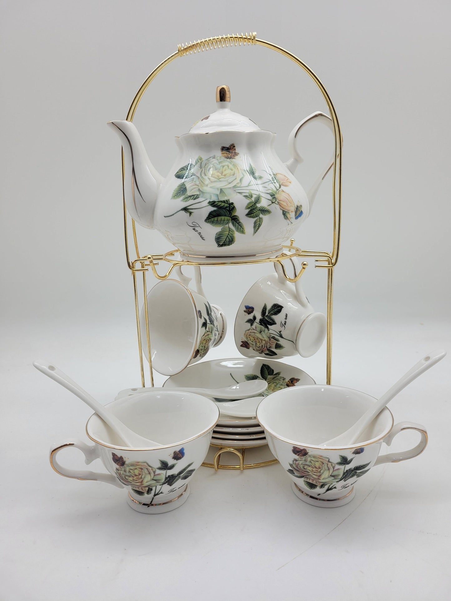 White Rose Tea Set(24K Gold) With A Metal Rack